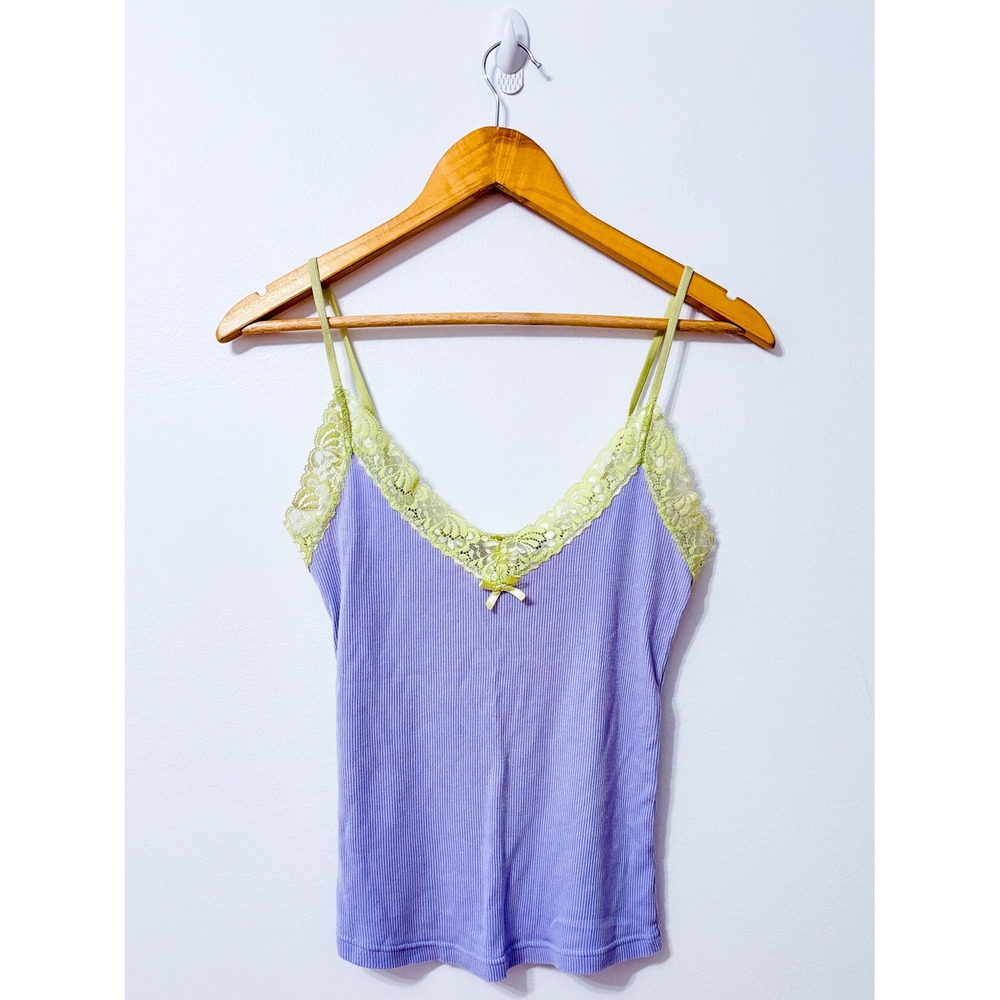 Lilac Green Ribbed Lace Trim Cami Tank Top Contrast Y2K Coquette Small